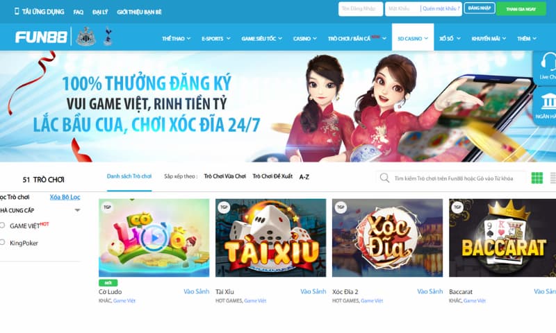 Kho game cược Fun88 đa dạng